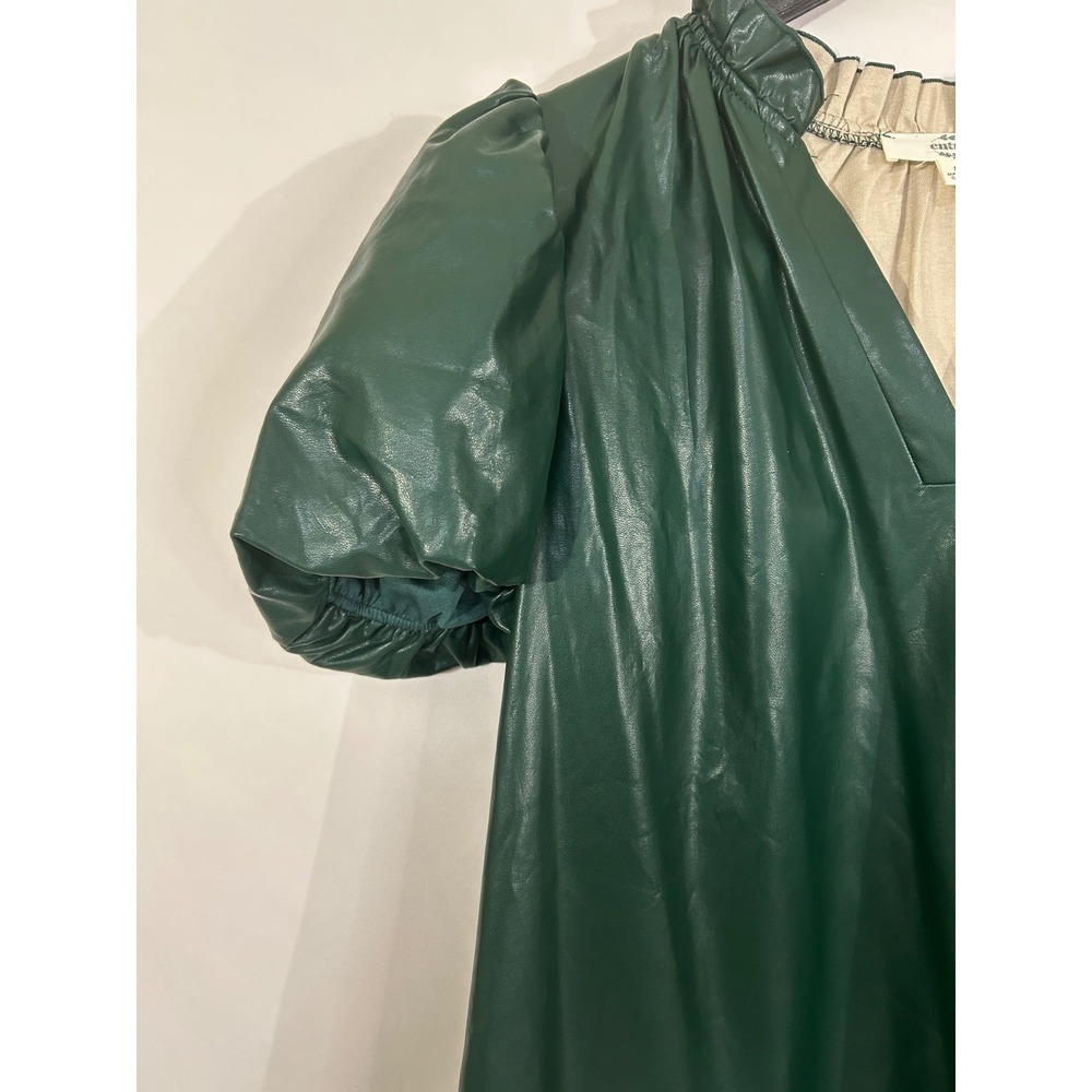Entro Faux Leather Tiered‎ Ruffle Sleeve Dress Minimalist Neutral Green Sz M - Picture 8 of 10